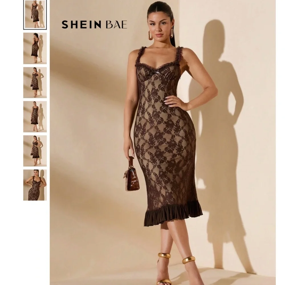 SHEIN BAE Elegant And Sexy See-Through Lace Mid-Length Dress size Large